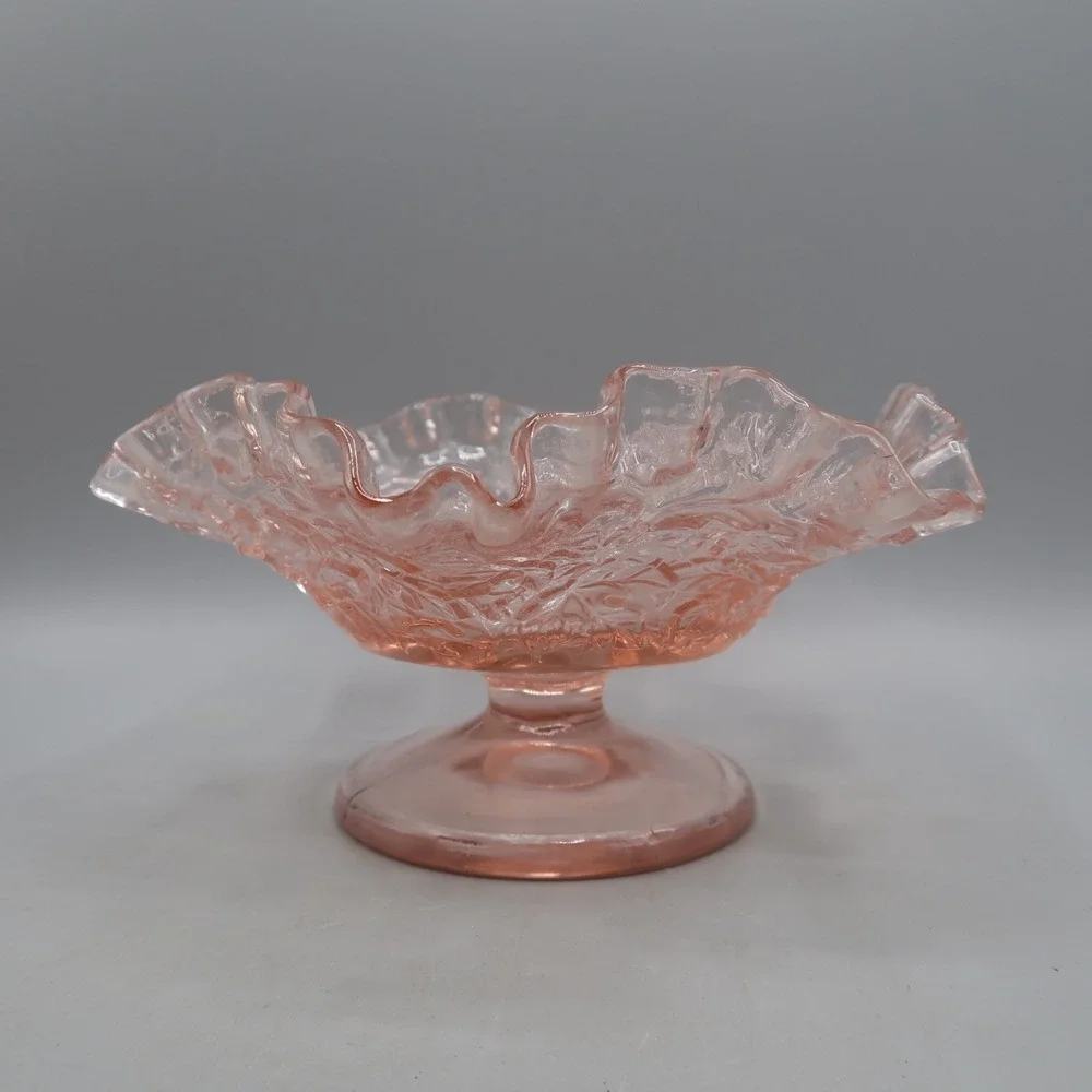Pink Glass Pedestal Bowl Compote Ruffled 4